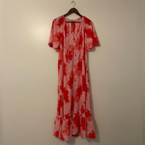 Buddy Love Dresses & Skirts - Buddy Love Red and Pink Artsy Flutter Sleeve Button Front Maxi Dress